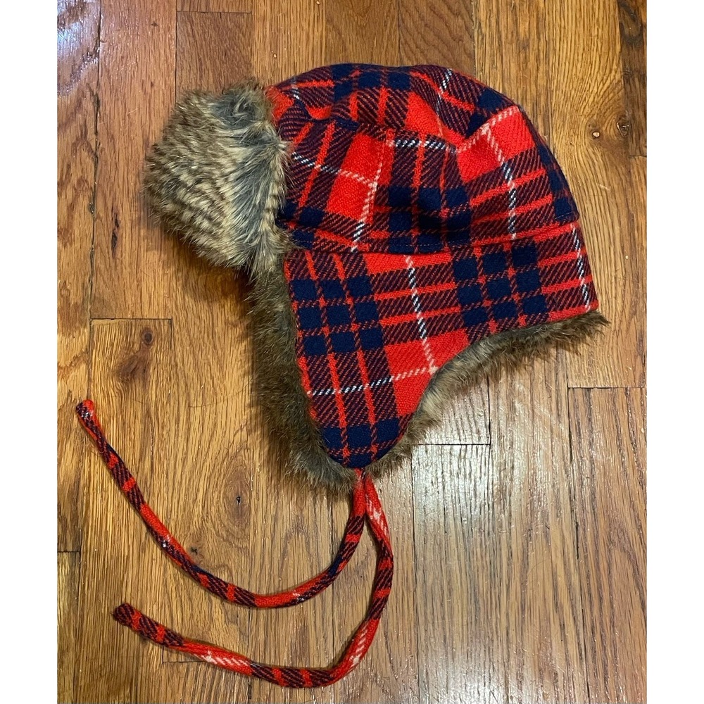 J. Crew Women's Faux Fur Wool Red / Blue‎ Plaid Trapper Hat Sz M / L